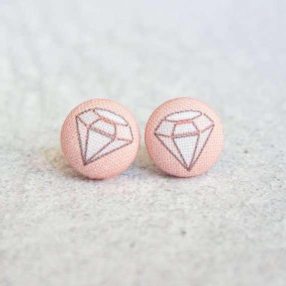 Pink Geometric Diamond Fabric Button Earrings